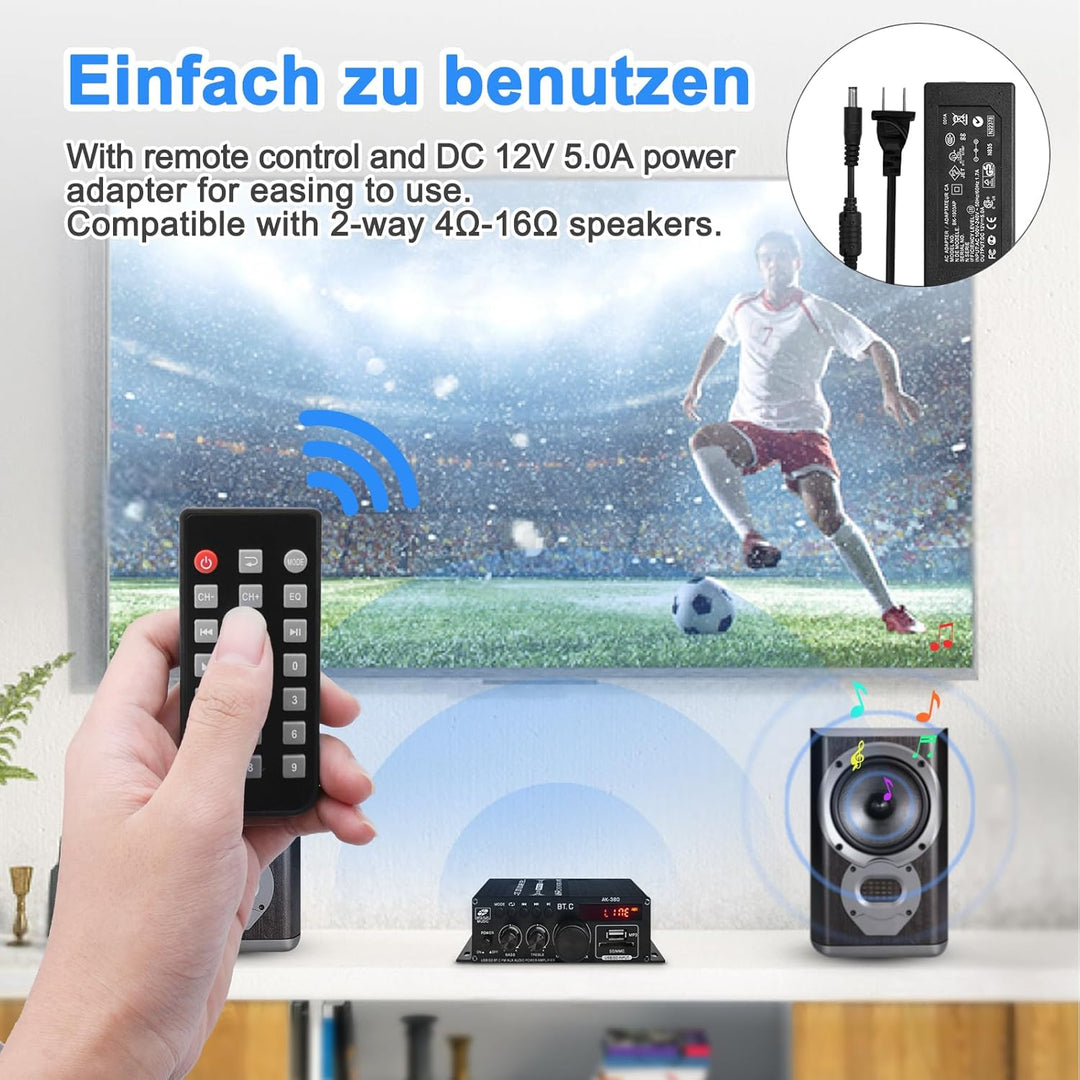AK-380 Bluetooth 5.0 HiFi Verstärker 2.0-Kanal 40W x 2 Max. 400W Mini Verstärker Stereo Audio Leistu