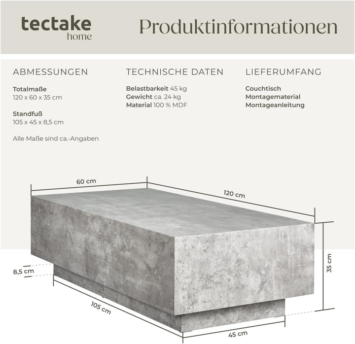 tectake® Couch Tisch, Room Decor in Beton Optik, Tisch Wohnzimmer, moderner Couchtisch, Beistelltisc