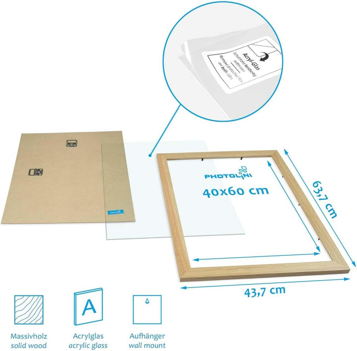 PHOTOLINI Bilderrahmen 40x60 Eiche Holz, 3er Set breite 40x60 cm Bilderrahmen mit bruchsicheres Acry