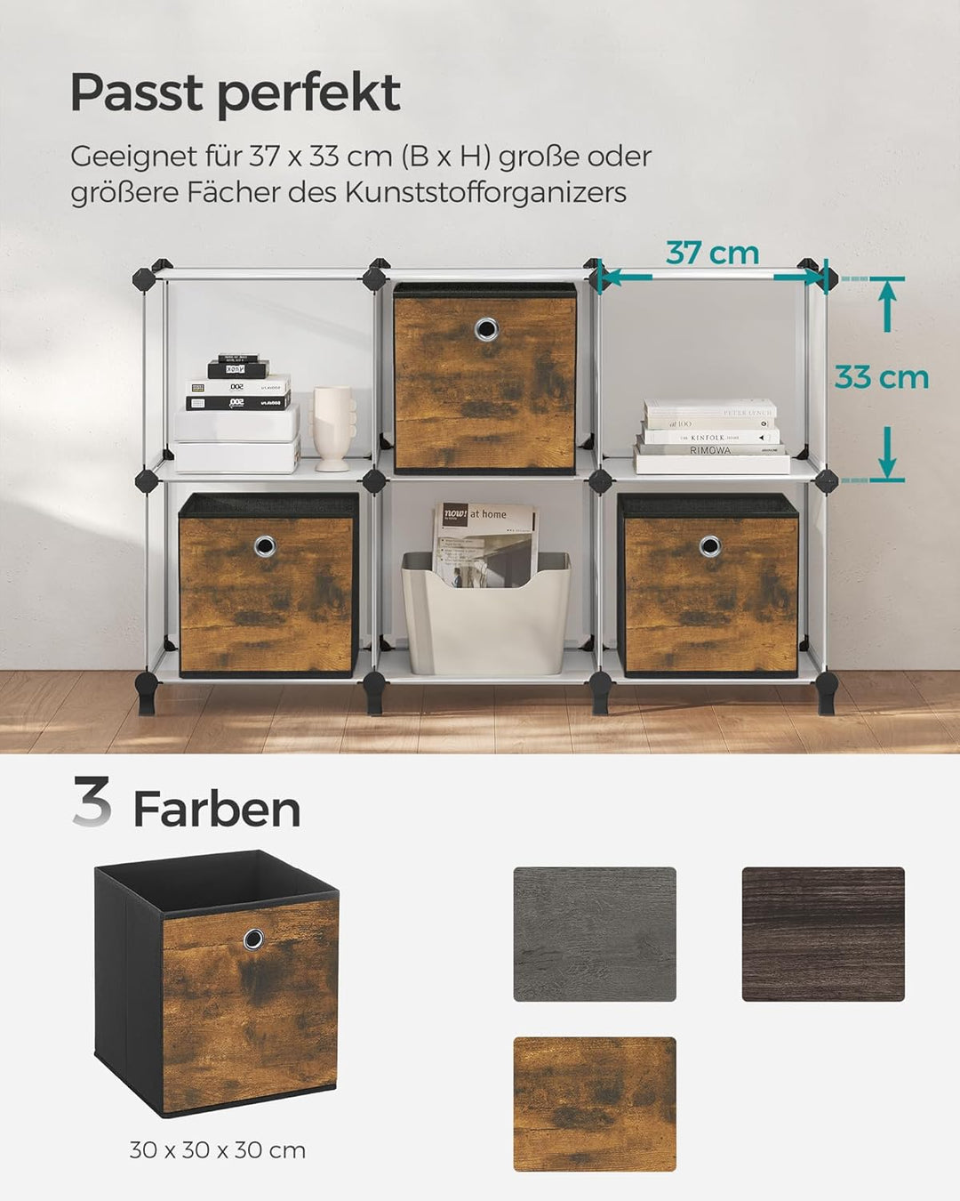 SONGMICS Aufbewahrungsbox, 6er Set, Ordnungsboxen, Vliesstoff, Faltbox, 30 x 30 x 30 cm, Stoffbox, f