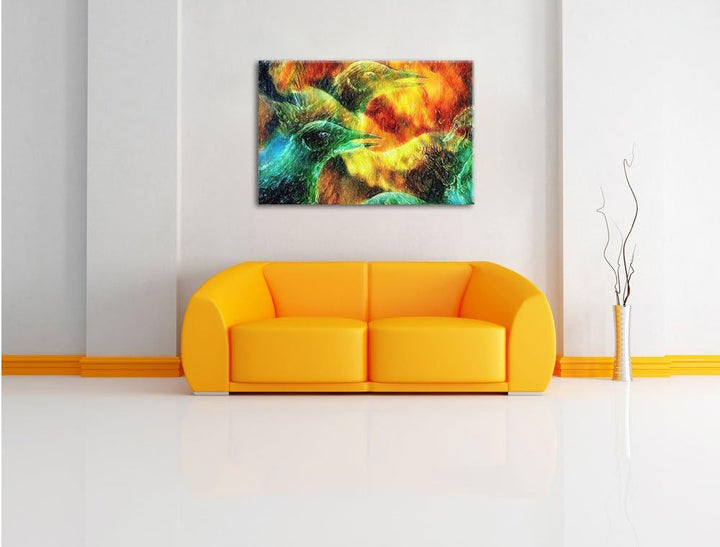 Pixxprint Vogel Phönix Collage Kunst Buntstift Effekt, Format: 100x70 auf Leinwand, 100x70