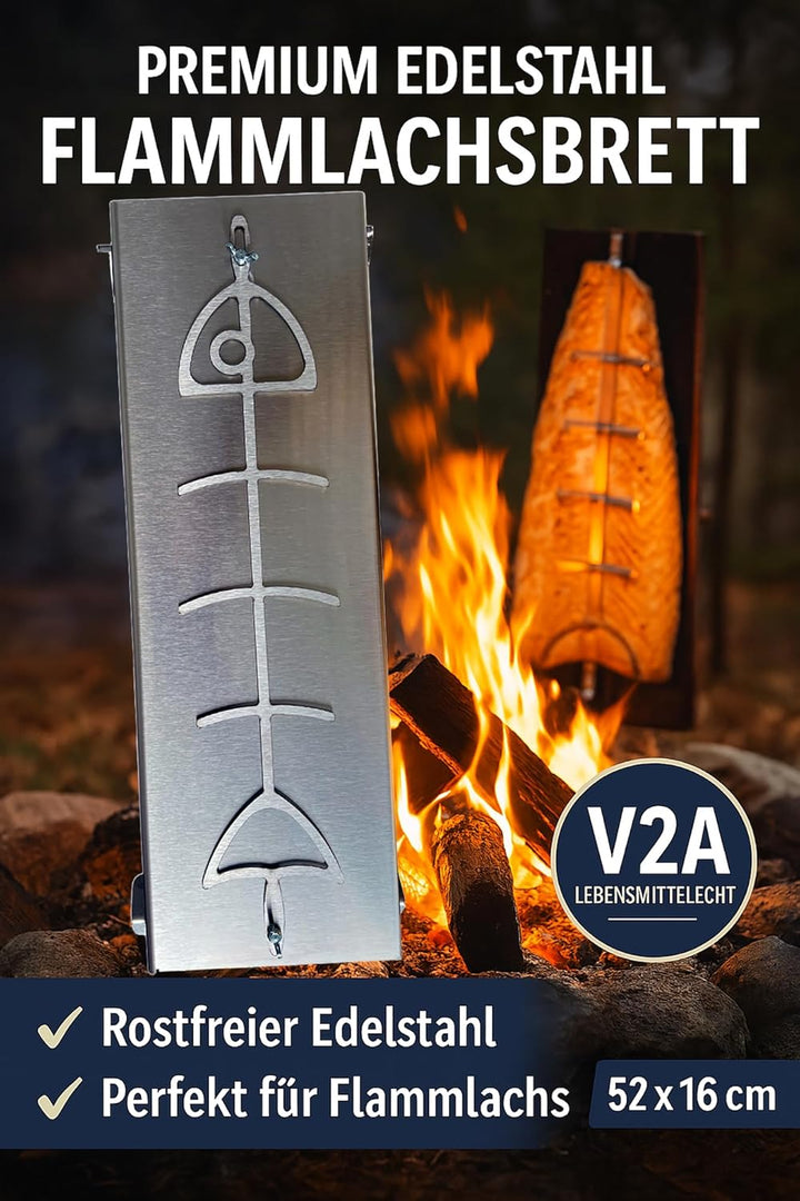 Flammlachsbrett Flammlachshalter Edelstahl mit Schienen (Lebensmittelecht V2A AISI 304) Rostfrei, Ve