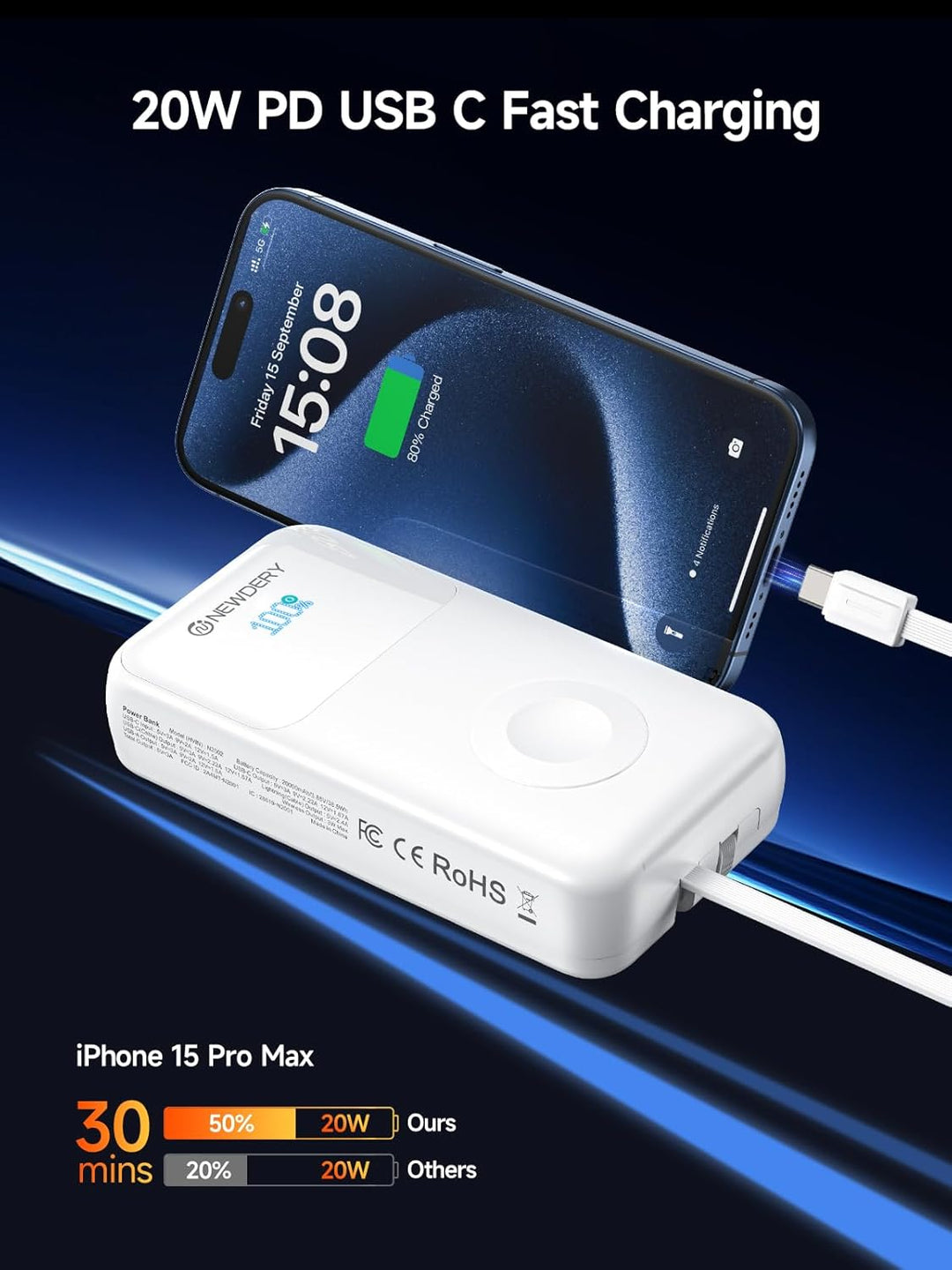 NEWDERY Powerbank für Apple Watch & iPhone Ladegerät 20000mAh Drahtloses Ladestation Power Bank, Sch