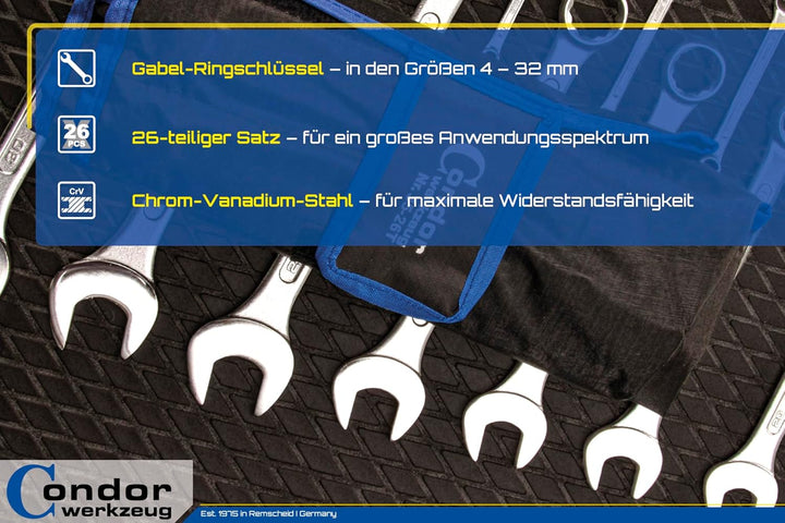 CONDOR Werkzeug 35-26T | Gabel-Ringschlüssel-Satz | 26-tlg. | Chrom-Vanadium-Stahl verchromt | 4-32