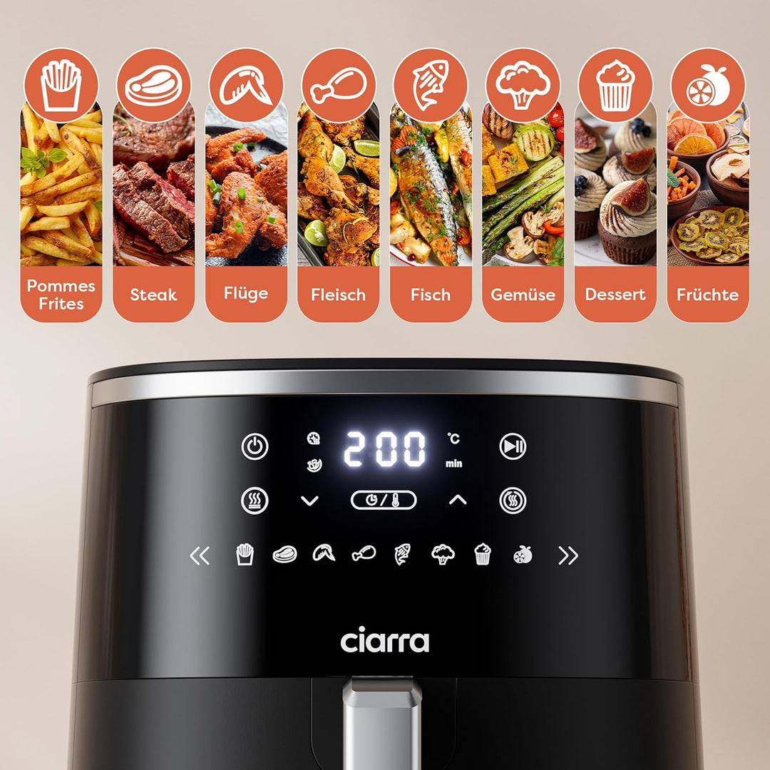 CIARRA Heissluftfritteuse mit digitalem Touchpanel, 5 l, benötigt kein Öl, Heissluftfrittieren, extr