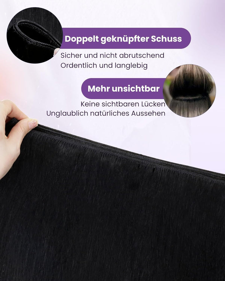 LaaVoo Tressen Extensions Echthaar Schwarz Haarverlängerung Echthaar Weave 40cm Haartressen Extensio
