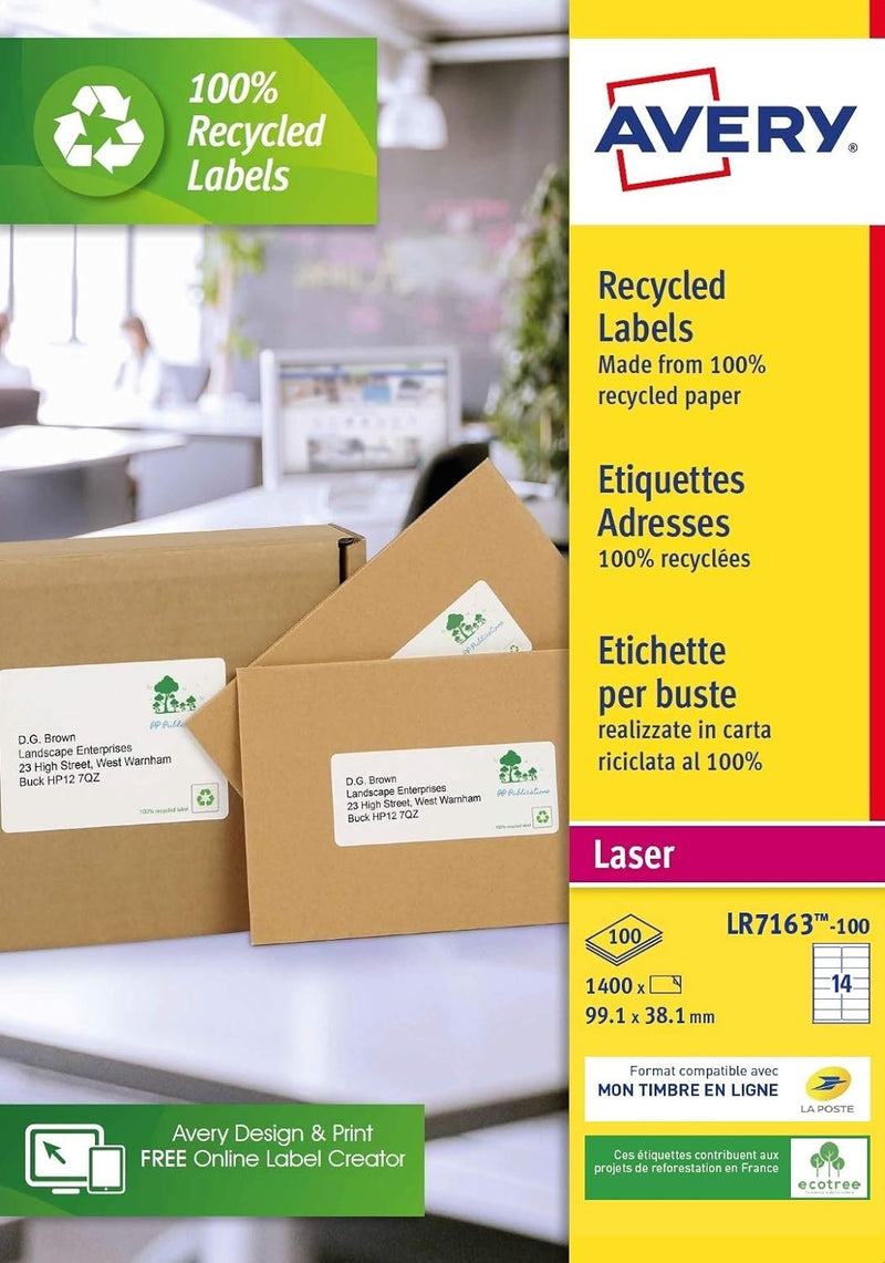AVERY Zweckform LR7163-100 Adress-Etiketten (A4, 1.400 Stück, Recycling, 99,1 x 38,1 mm, 100 Blatt)