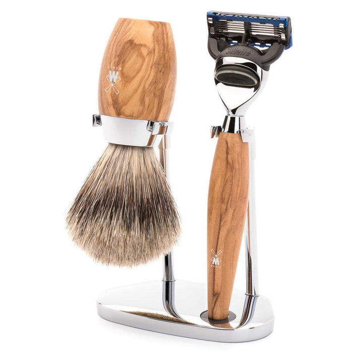 MÜHLE Rasierset - Kosmo Serie - Feines Dachshaar - kompatibel mit Gillette-Klingen - Olivenholz