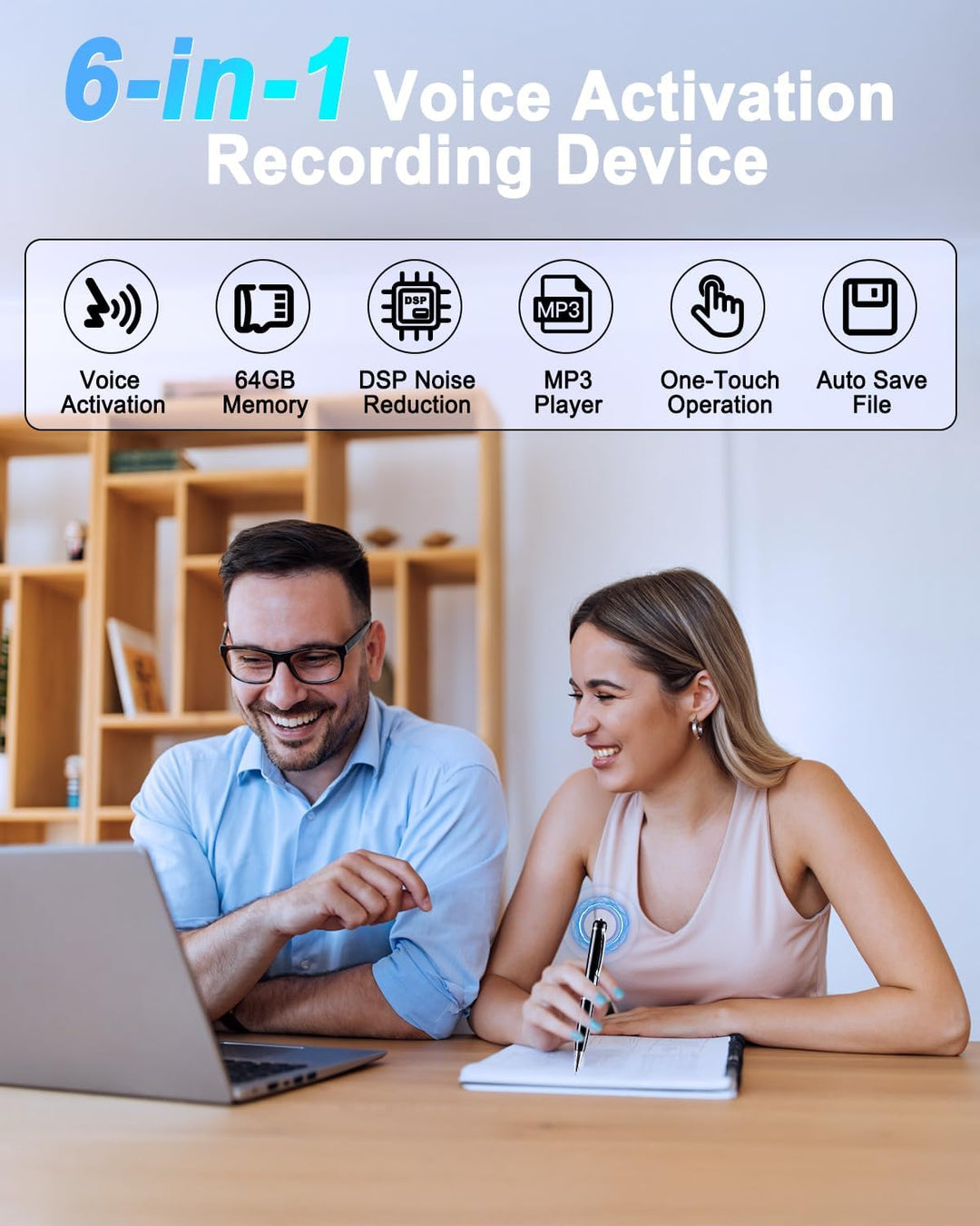 Mini Diktiergerät 64GB, Aufnahmegerät mit 768 Stunden Kapazität, Voice Recorder Pen mit Rauschunterd