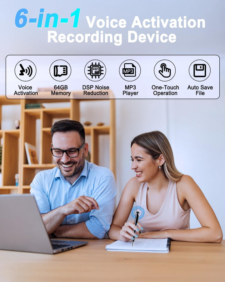 Mini Diktiergerät 64GB, Aufnahmegerät mit 768 Stunden Kapazität, Voice Recorder Pen mit Rauschunterd