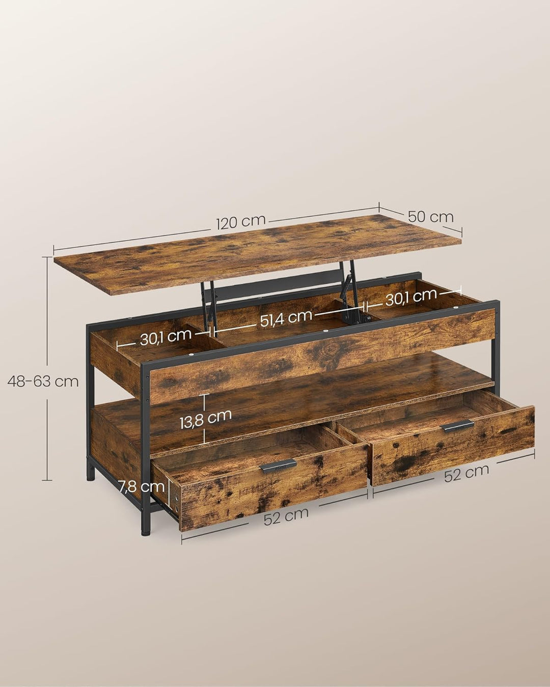 VASAGLE Couchtisch, höhenverstellbarer Wohnzimmertisch, Kaffeetisch, mit Schubladen, offenes Fach, 5