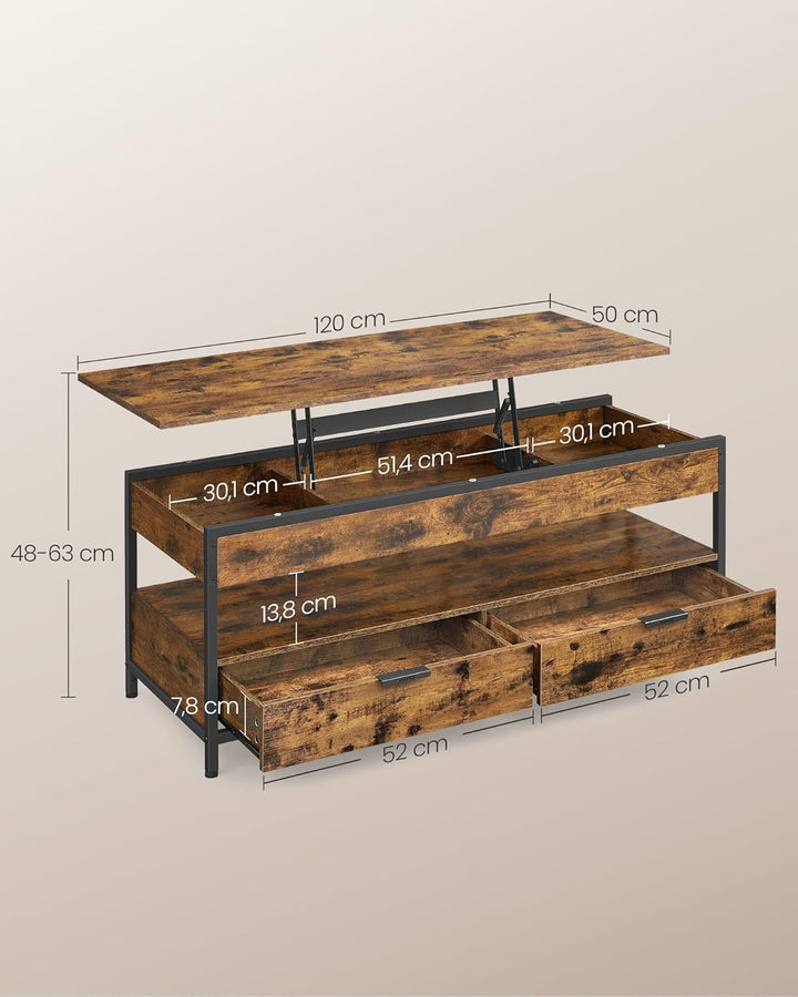 VASAGLE Couchtisch, höhenverstellbarer Wohnzimmertisch, Kaffeetisch, mit Schubladen, offenes Fach, 5