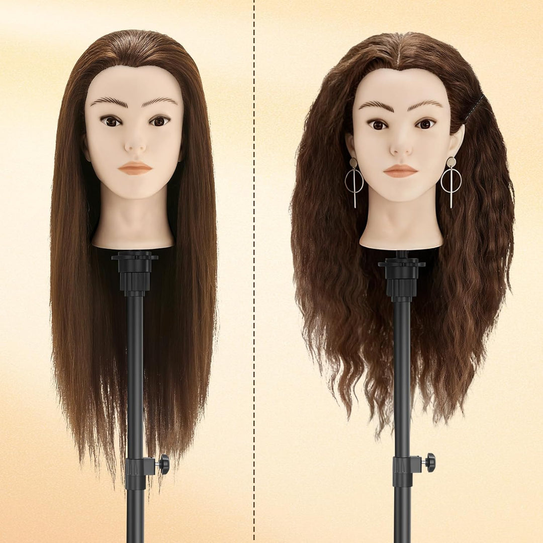 TwoWin Friseurkopf Echthaar mit Ohrlöchern, 60 cm (24 Zoll) 80% Haaren Mannequin Frisierkopf, Traini
