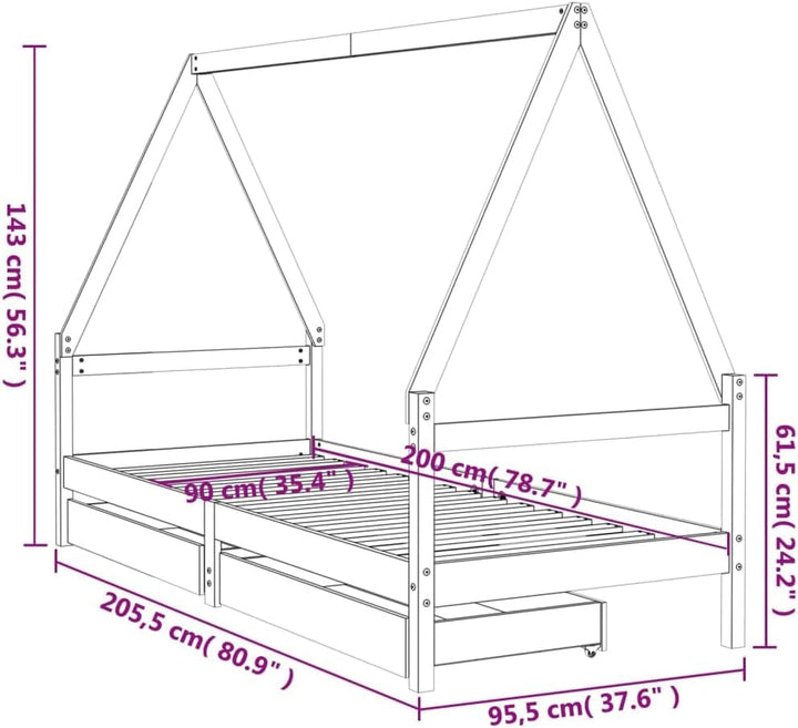 Festnight Hausbett 90x200 cm mit Schubladen ohne Matratze, Kinderbett mit Schubladen, Kinder Haus Be