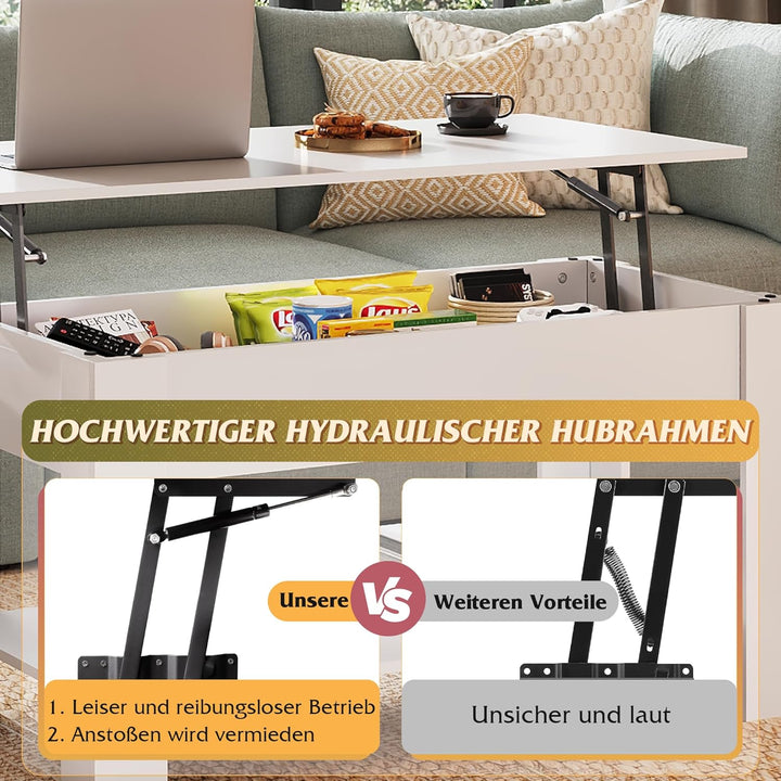 WLIVE Höhenverstellbarer Couchtisch mit Ablage, Wohnzimmertisch Rechteckig mit Offener und versteckt