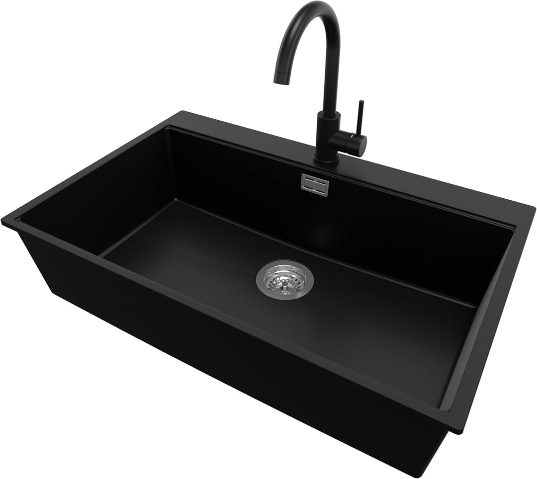 PRIMAGRAN Granitspüle Schwarz 78x50cm, Spülbecken 1 Becken + Ablauf-Set + Küchenarmatur 32x20cm, Küc