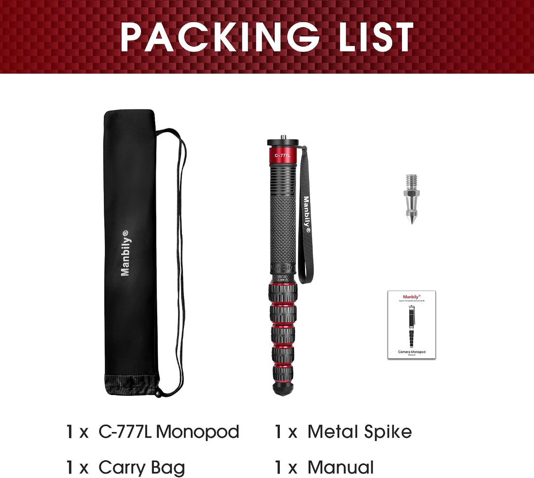 Manbily C-777L Kohlefaser Kamera Einbeinstativ 44cm-174cm 36mm grosses Rohr Spazierstock Carbon Mono