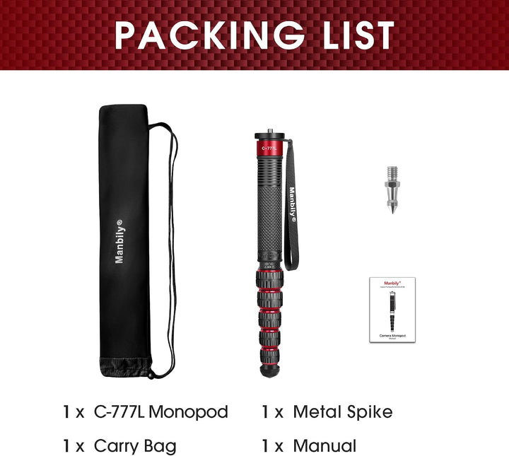 Manbily C-777L Kohlefaser Kamera Einbeinstativ 44cm-174cm 36mm grosses Rohr Spazierstock Carbon Mono
