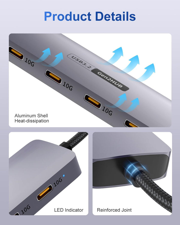 USB C Hub 10 Gbps, 4 IN 1 Adapter mit 4 USB C 3.2 Ports, Hochgeschwindigkeits Multiport Adapter für