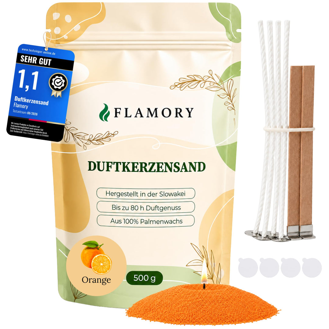 Kerzensand mit Duft 500g – Duftkerzensand [Orange] – 6 Dochte inklusive – 100% Pflanzenwachs, russar