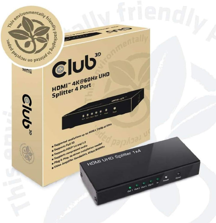 Club 3D CSV-1380 HDMI Splitter 1 Eingang auf 4 Ausg. 4K60Hz UHD retail Schwarz, CSV-1380