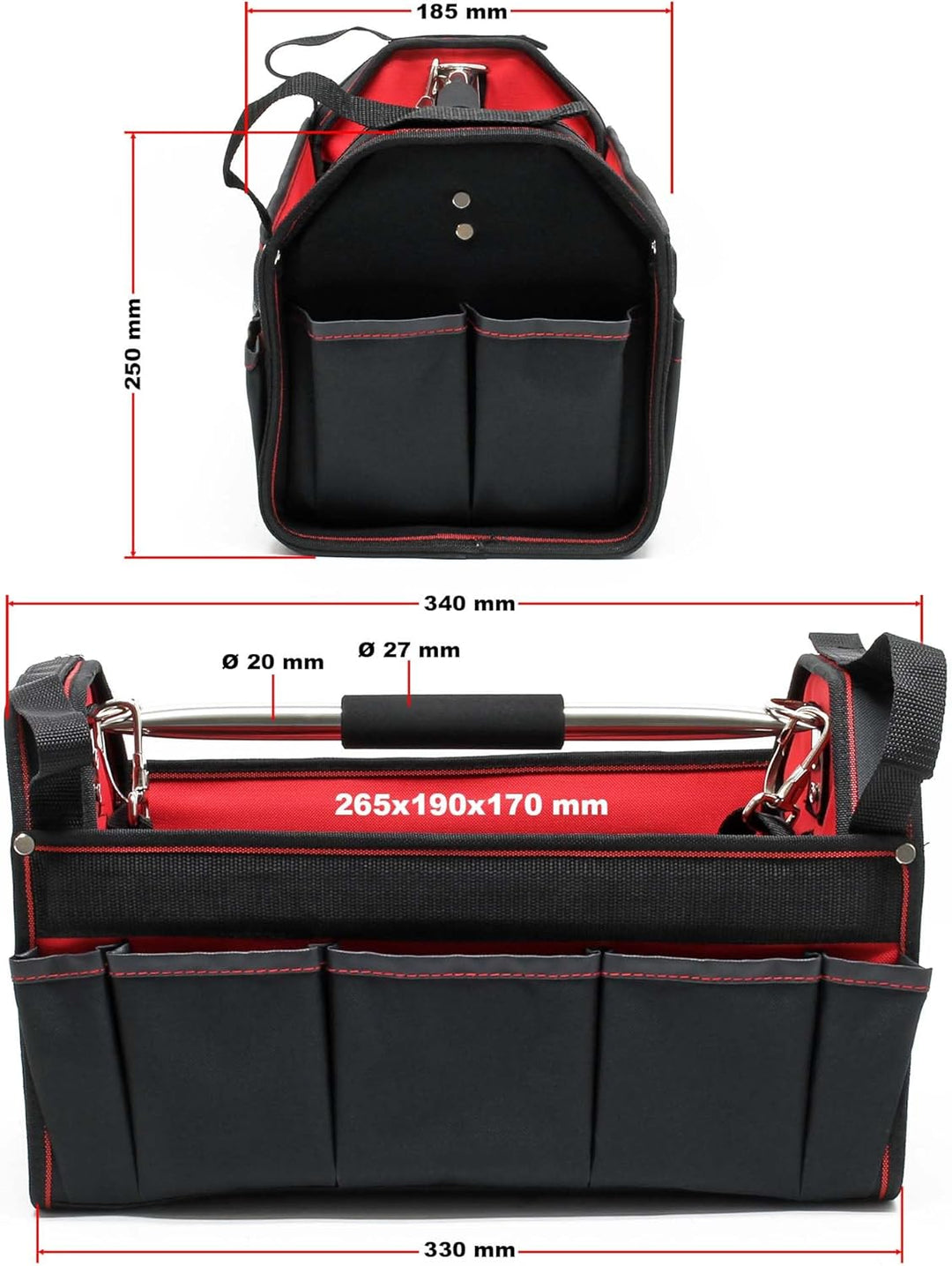 Wiltec Werkzeugtasche Grösse L 33x18,5x25 cm, Werkzeugbeutel mit verstellbarem Schultergurt und Trag