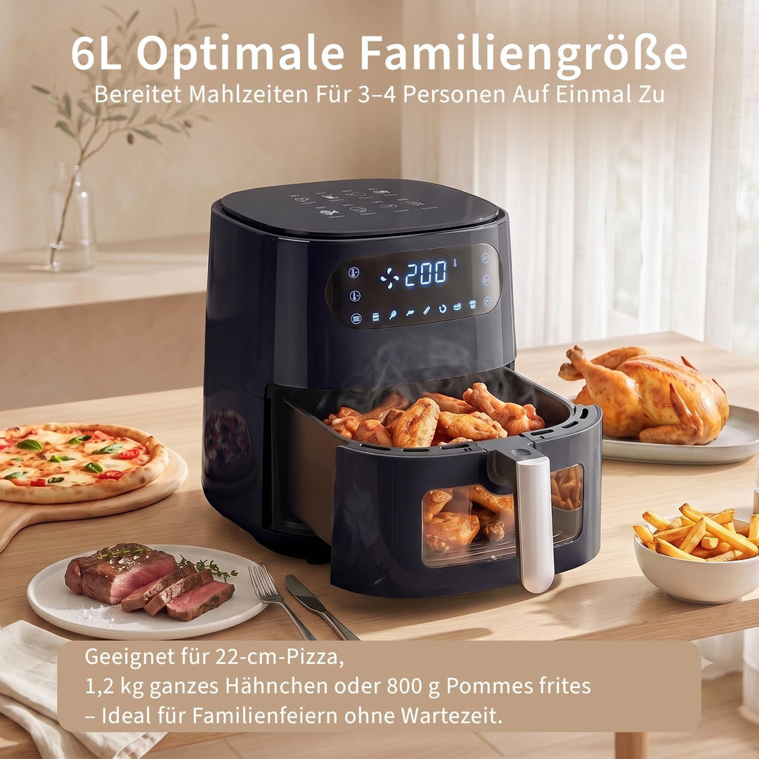 Citybee 6L Heissluftfritteuse mit beleuchtetem Sichtfenster - Extra Leiser Airfryer, 7 Programme &amp; T