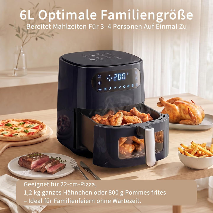 Citybee 6L Heissluftfritteuse mit beleuchtetem Sichtfenster - Extra Leiser Airfryer, 7 Programme &amp; T