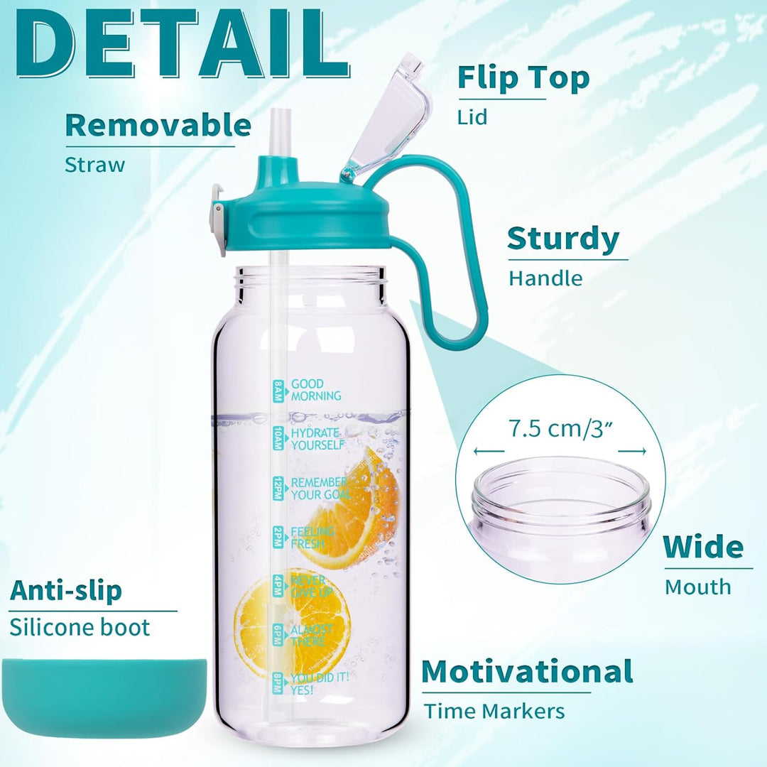 DEARRAY 2l Trinkflasche Glas mit Strohhalm & Zeitmarkierung 2 liter Grosse Motivation Glasflasche mi