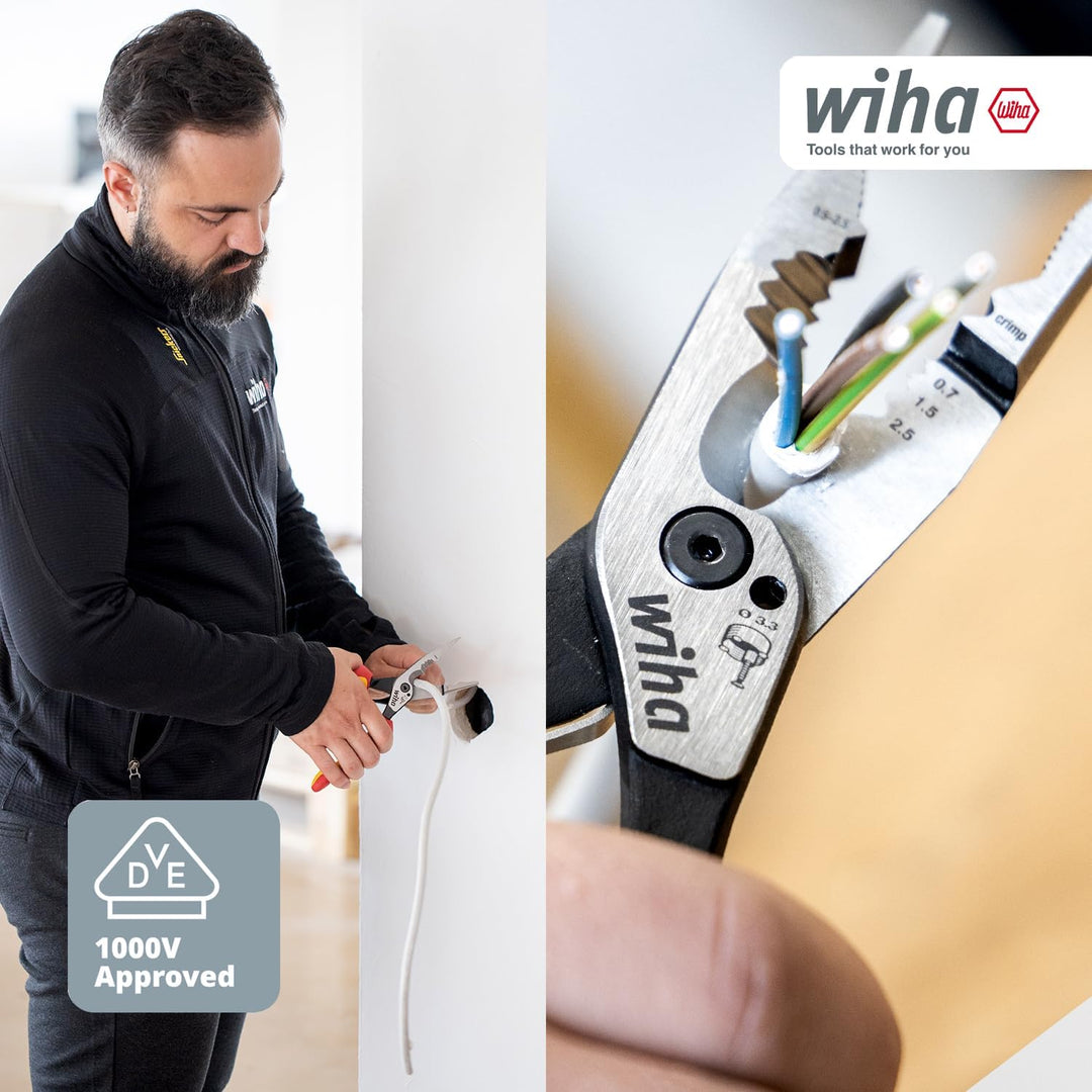 Wiha Multifunktionszange für Elektriker 8in1 I Crimpen, Abisolieren, Schneiden, Greifen, Entgraten,