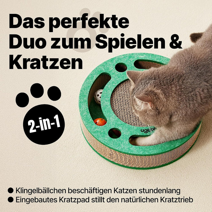 Kratzbrett mit Ballbahn und Glockenbällen – Interaktives Katzenspielzeug, Kratzpappe für Katzen mit