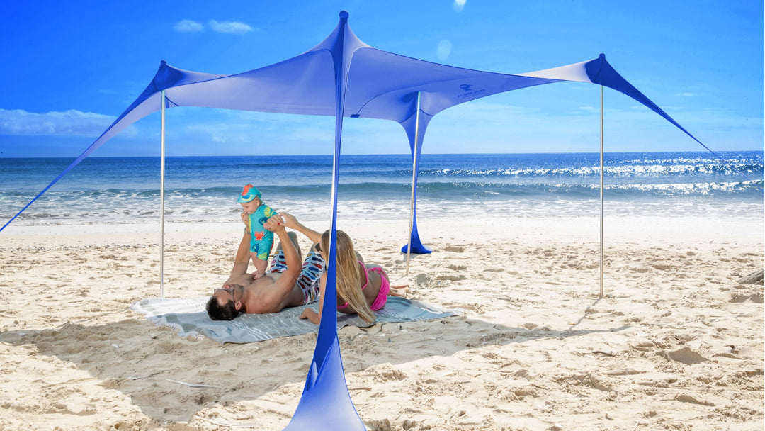 SUN NINJA Strandzelt, Sonnensegel LSF 50+, mit Sandschaufel, Heringen und Stabilitätsstangen, Schatt