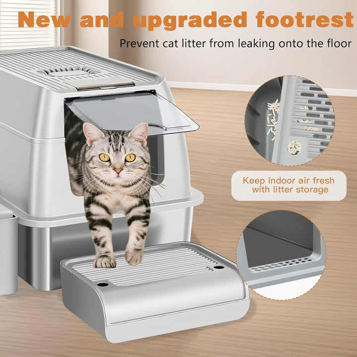 Edelstahl Katzenklo XXL 37L – Geschlossene Katzentoilette für grosse Katzen, mit 120° Klappdeckel, T