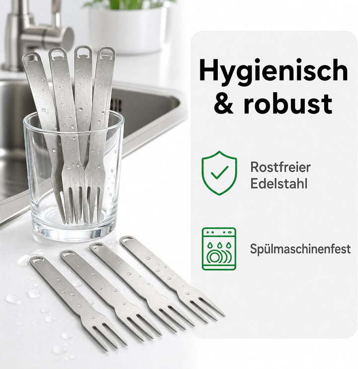 Pommesgabel 10 Stück mit Holzbox Pommesgabeln aus rostfreiem Edelstahl ideal für Pommes, Wurst oder