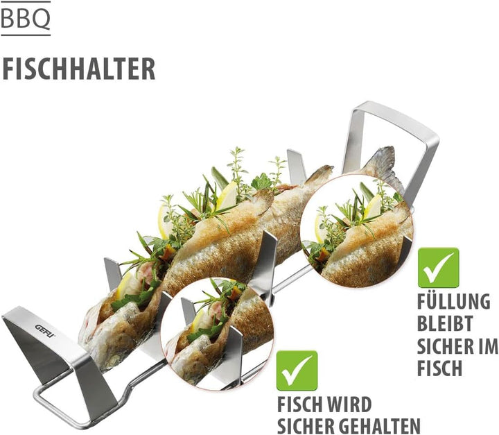 GEFU Fischhalter BBQ – Edelstahl-Fischhalter für Grill &amp; Backofen, kein Wenden &amp; Auslaufen von Marin