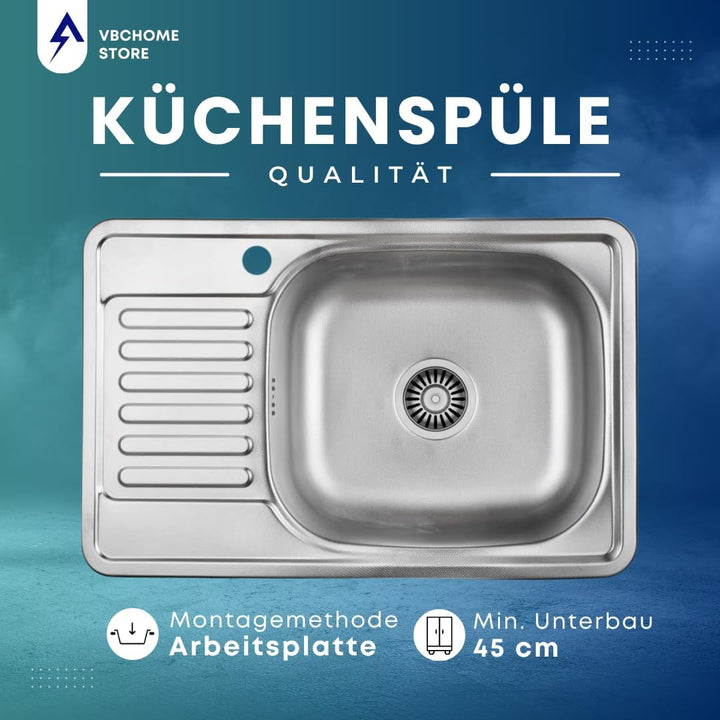 VBChome Einbauspüle 66x42 Leinenstruktur Edelstahl Küchenspüle mit Hahnloch Spüle Ablagefläche Abtro