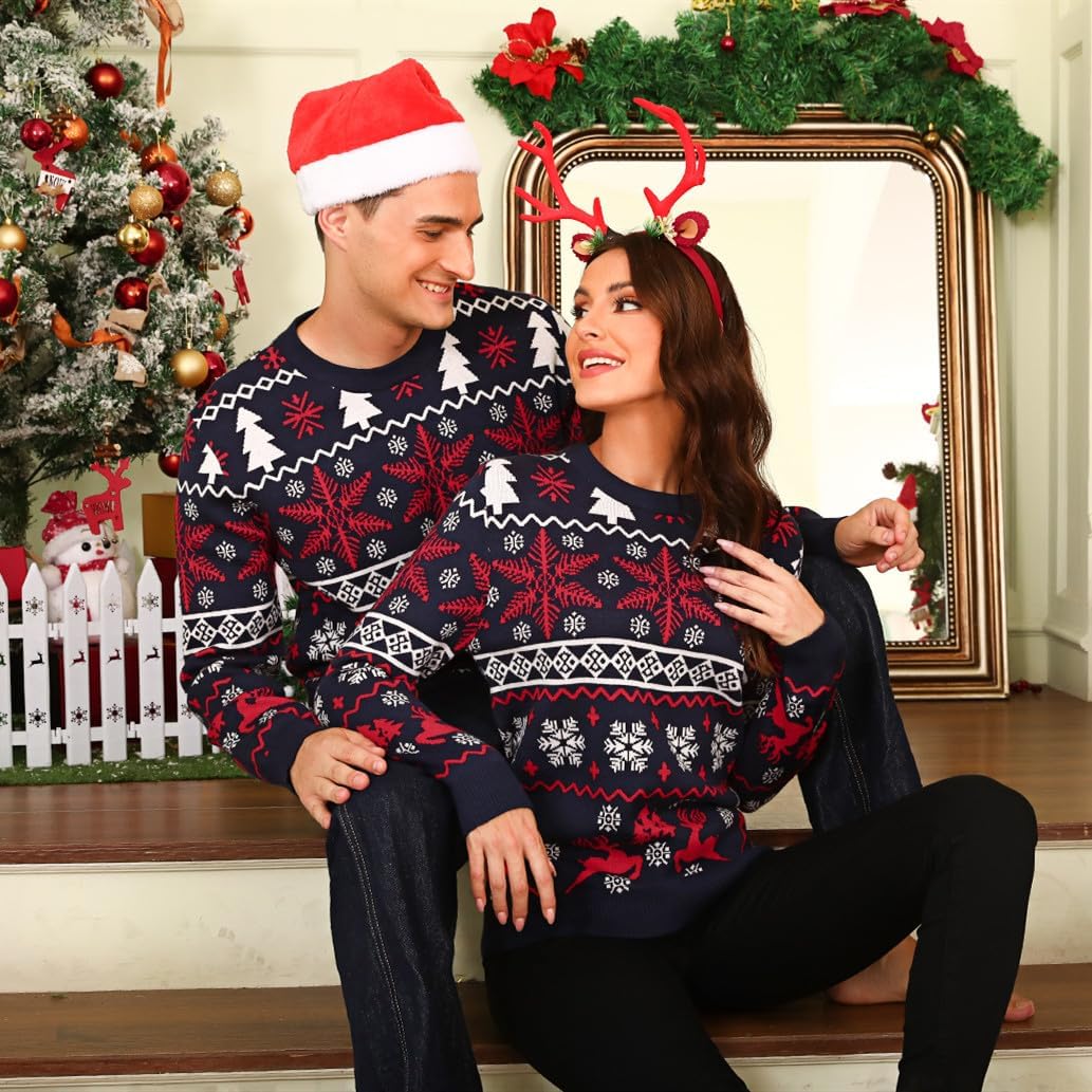 Litherday Weihnachtspullover Herren Damen Christmas Sweater mit Rentiermuster Strickpulli Langarm Wa