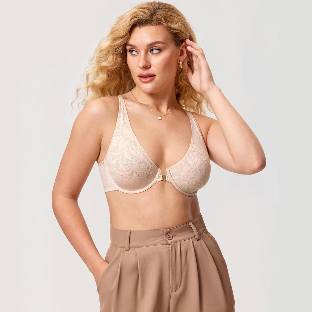 AISILIN Damen BH mit Spitze mit Vorderverschluss Grosse Grössen Bügel ohne Polster, 70F Beige