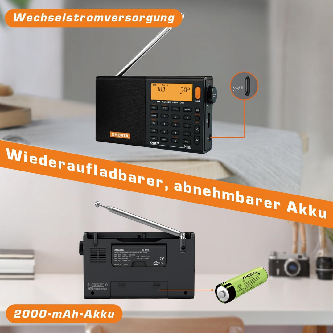 XHDATA D808 Tragbares Digitales Radio, Weltempfänger Radio, Kurzwellenempfänger, UKW-Stereo/KW/MW/LW