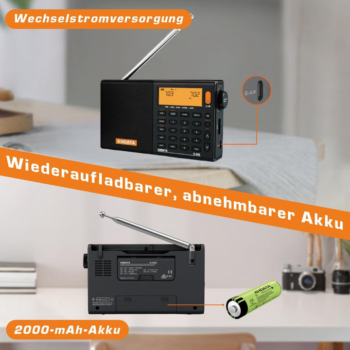 XHDATA D808 Tragbares Digitales Radio, Weltempfänger Radio, Kurzwellenempfänger, UKW-Stereo/KW/MW/LW