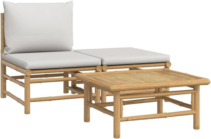 vidaXL 3-TLG. Garten-Lounge-Set mit Hellgrauen Kissen Bambus Mittelteil + Fussstütze + Tisch Hellgra