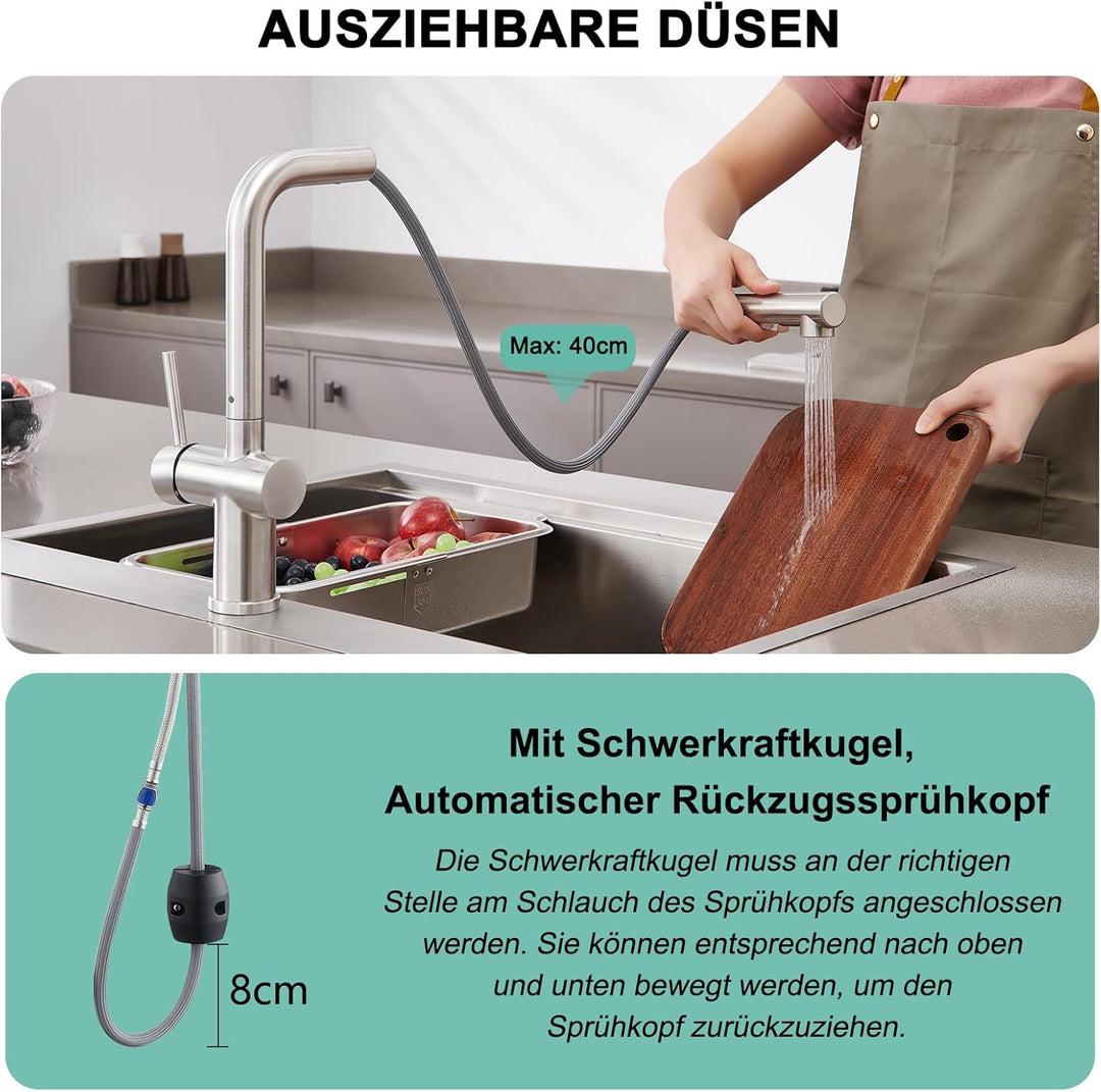 BONADE Niederdruck Armatur Küche Ausziehbar, Wasserhahn Küche Niederdruck mit Brause Zwei Wasserstra