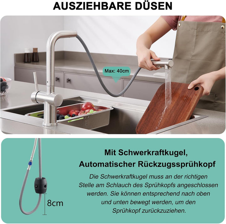 BONADE Niederdruck Armatur Küche Ausziehbar, Wasserhahn Küche Niederdruck mit Brause Zwei Wasserstra