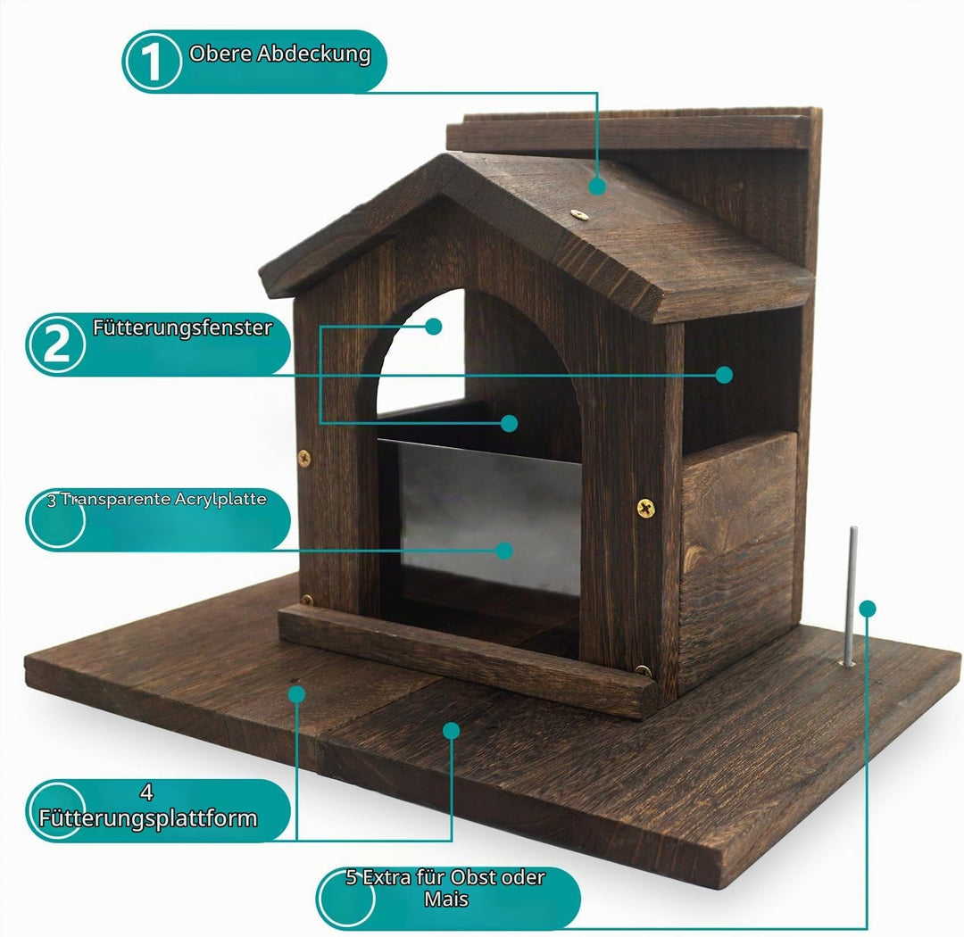 Eichhörnchen Futterautomat aus Holz mit Oberflächenbehandlung, robuste Streifenhörnchen Fütterungspl