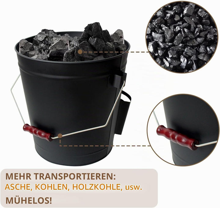 BRIAN &amp; DANY Ascheeimer mit Deckel, Runder Kohleeimer für Kamine, 20L Eimer mit Schaufel und Handbes