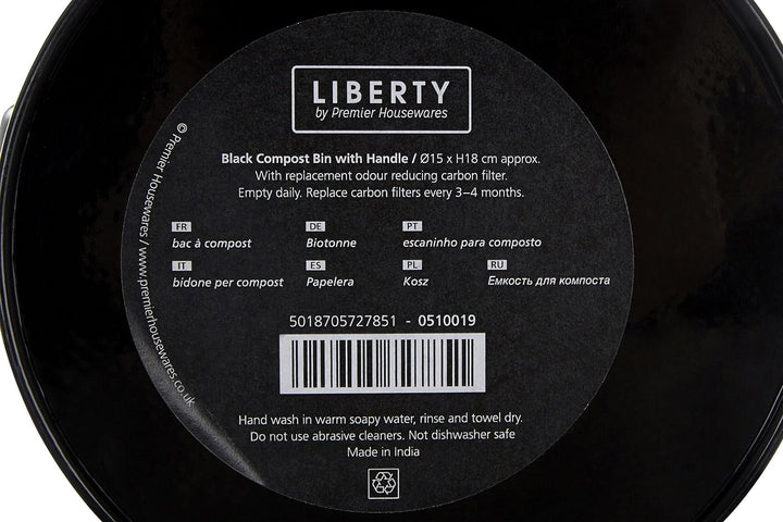 Premier Housewares 0510019 Komposteimer mit Tragegriff Ø14 x H22 cm, Schwarz, Schwarz