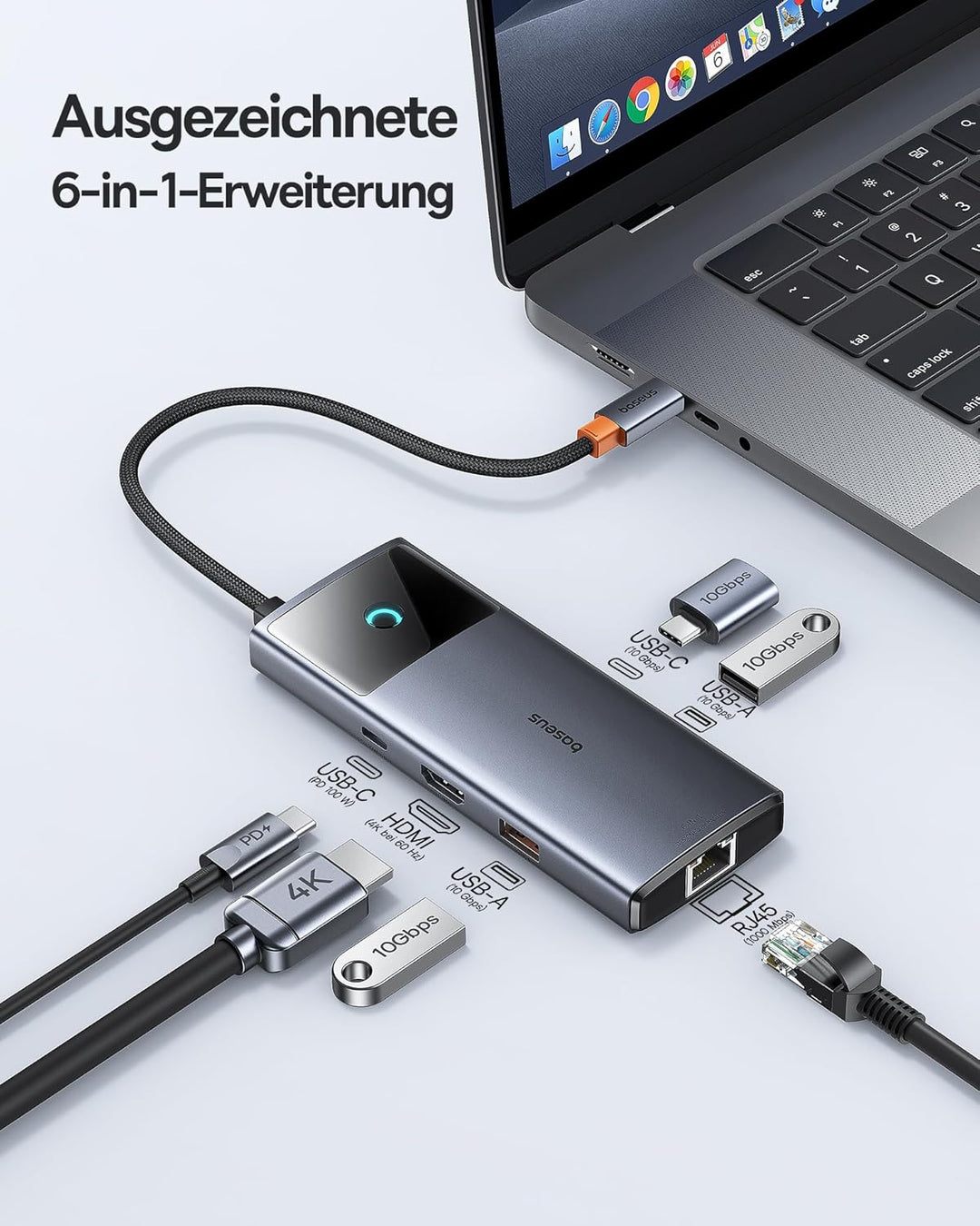 Baseus USB C Hub 10Gbps USB 3.2 Adapter mit LAN Ethernet, 4K@60Hz HDMI, 2 USB-A, USB-C, 100W PD, 6 i