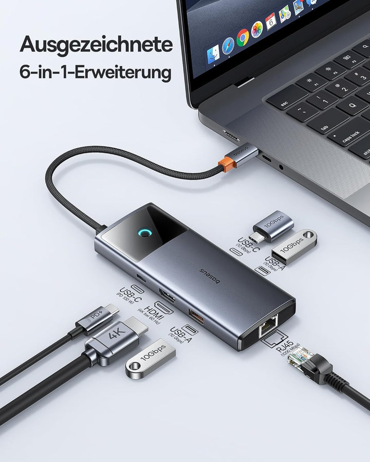 Baseus USB C Hub 10Gbps USB 3.2 Adapter mit LAN Ethernet, 4K@60Hz HDMI, 2 USB-A, USB-C, 100W PD, 6 i