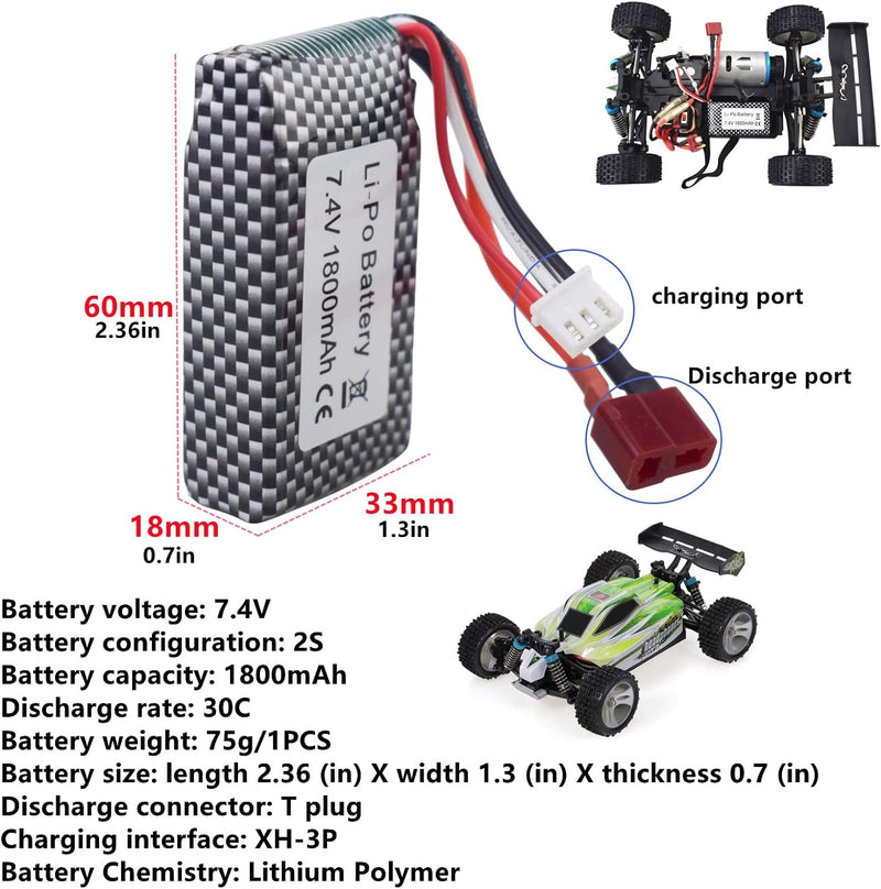 2PCS 7.4V 1800mAh T-Stecker Lithium-Batterie für WLTOYS 144001 12402 12403 12404 12423 12428 A959-B