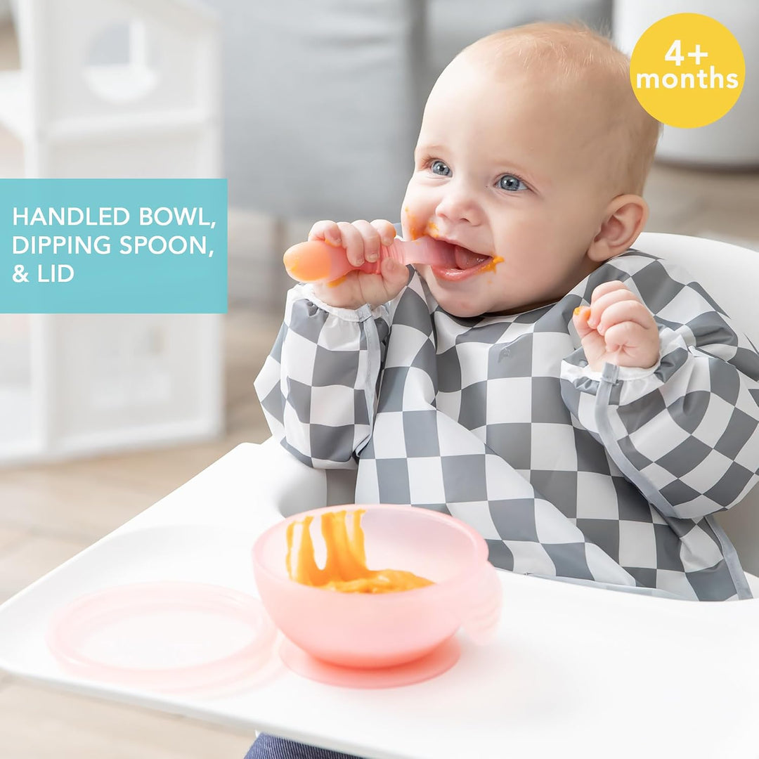 Bumkins - Erstes Baby Fütterungsset aus Silikon mit Saugnapf, Deckel und Löffel, Rosa Jelly, BPA-fre